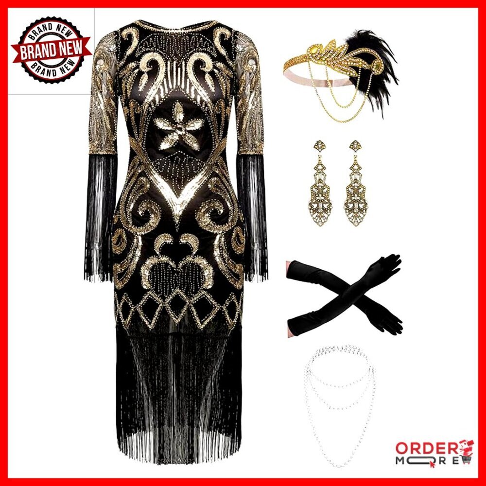 Plus Size Sequin Fringed Flapper Cocktail Dress with Accessories